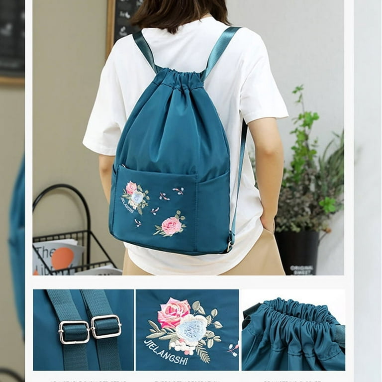 Stamens Drawstring Bag Embroidery Backpack Lightweight Oxford Cloth  Shoulders Bag Splash Proof Sackpack Travel Bag for Women(Water(Blue) 