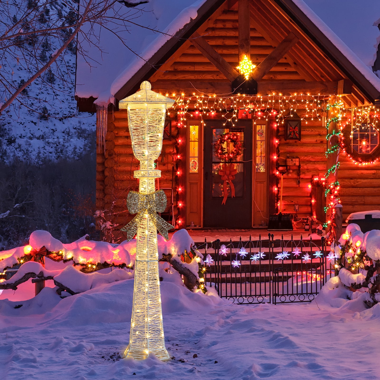 Lighted Lamp Post with Bowknot, 110 Warm White LED Christmas Decoration, White