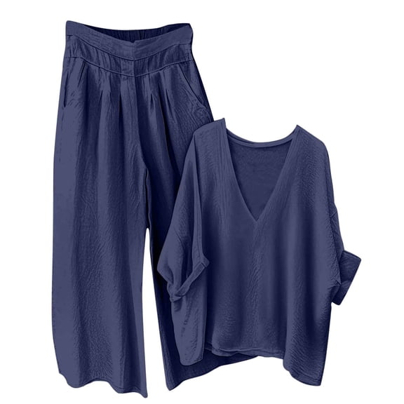 TEAJOPSUU 2 Piece Sets for Women Casual Cotton Linen Short Sleeve Tops Wide Leg Pants Summer Lounge Set Travel Airport Outfits B-Navy