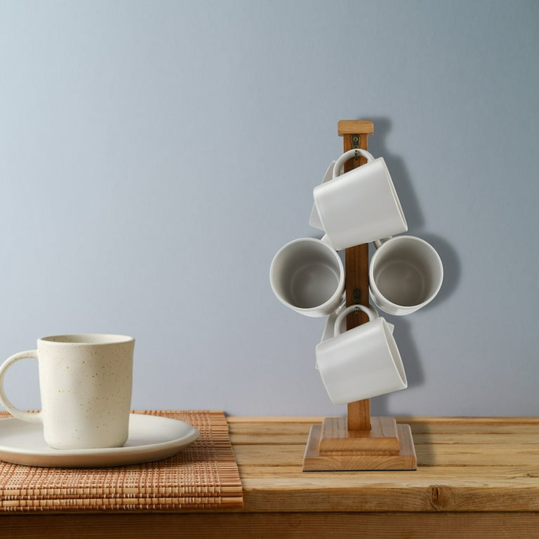 Arikago Rustic Coffee Mug Tree Stand, Solid Wood Holder for 6 Mugs,  Space-Saving Kitchen Organizer, Stylish and Sturdy Cup Display Rack, Brown