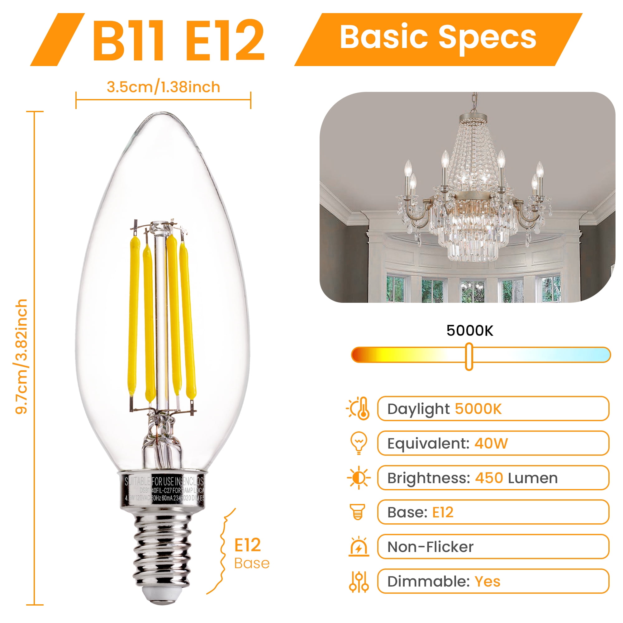 LUZIXIBO LED Light Bulb, 4 Watts (40W Equivalent) B10 Candelabra Bulbs, Dimmable, 5000K Daylight, E12 Base, 12 Pack