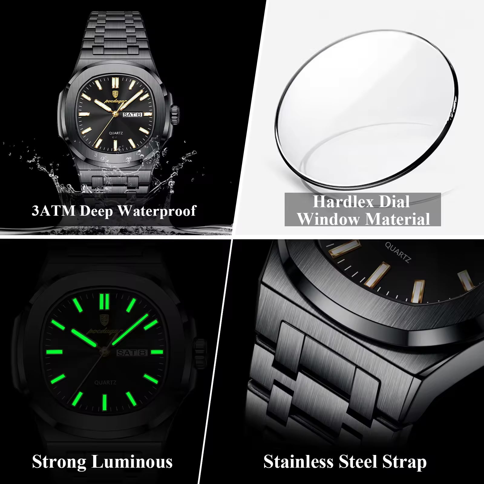 POEDAGAR Luxury Man Watch Square Waterproof Luminous Date Week Stainless Steel Quartz Men's Watches