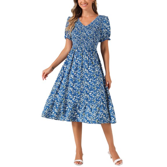INSPIRE CHIC Floral Dresses for Women's Smocked Puff Short Sleeves V Neck Ruffled Hem Midi Dress L Blue