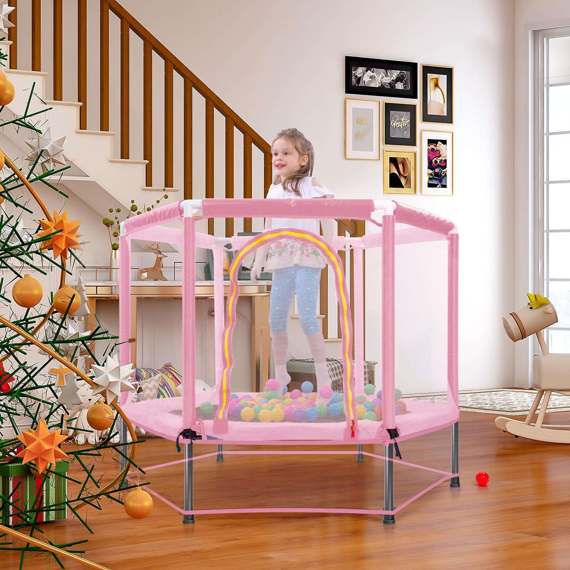 55'' Mini Toddler Trampoline, Small Trampoline for Kids with Enclosure Net, Round Indoor Outdoor Trampoline w/Balls as Gift for Boy & Girl Christmas, Halloween, Birthday Toy, Pink