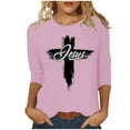 thumbnail image 2 of HOMBOM Summer Tops For Women 2024 3/4 Sleeve Pink Easter Cross Print Crew Neck Shirts Easter Shirts For Women L, 2 of 4