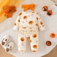 thumbnail image 6 of KPOPLK Baby Girl Halloween Footed Romper 3 6 9 12 18 Months Ghost Pumpkin Print Zipper Jumpsuit with Bow Headband, Infant Fall Sleeper Beige,Size 3M, 6 of 9