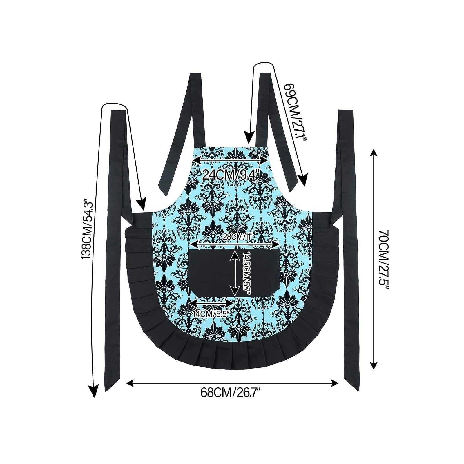 Cotton Vintage Damask Apron For Women, Adjustable Neck & Big Pocket, Blue & Black Cute Ruffle Kitchen & Baking Apron For Christmas Holiday Gift