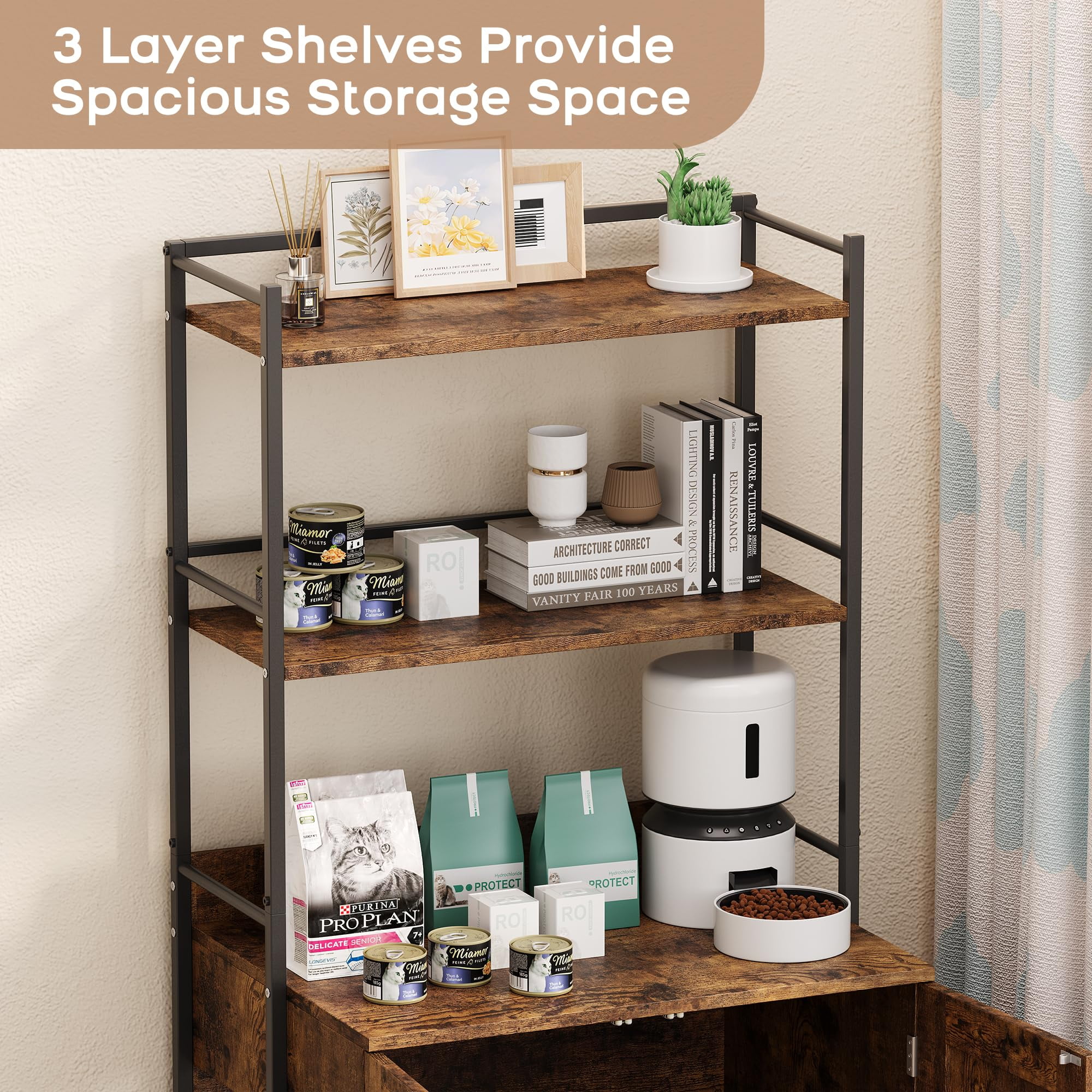 Cat Litter Box Enclosure with Shelf Storage, 2-in-1 Hidden Cat Washroom Furniture, Indoor Cat Cabinet, Hidden Cat Box Enclosure with 3 Shelves and Door, Cat House for Most Litter Box