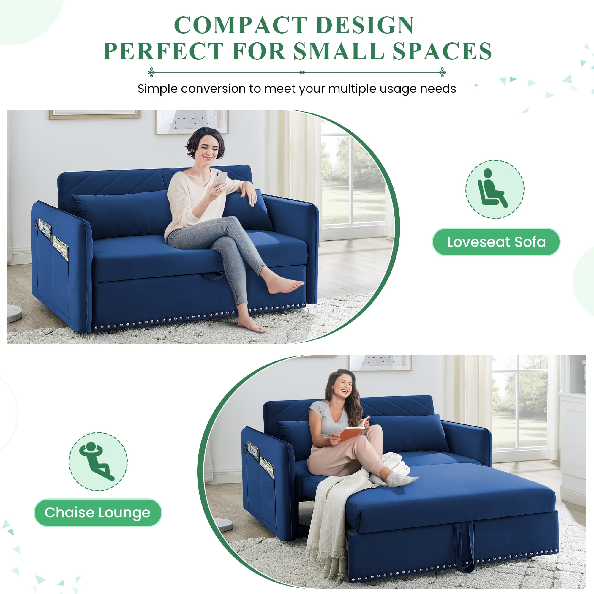 Dinosisco Convertible Sleeper Loveseat with USB, 55" Velvet Futon Sofa Bed, Blue