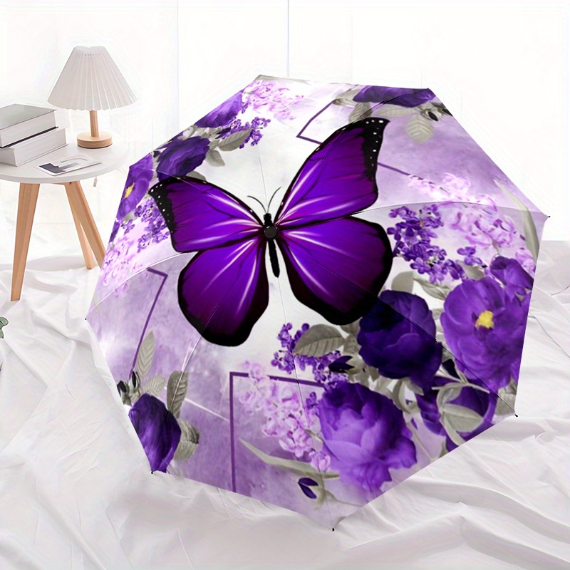 1 automatic folding umbrella - compact and lightweight travel umbrella with elegant purple floral butterfly and lilac patterns