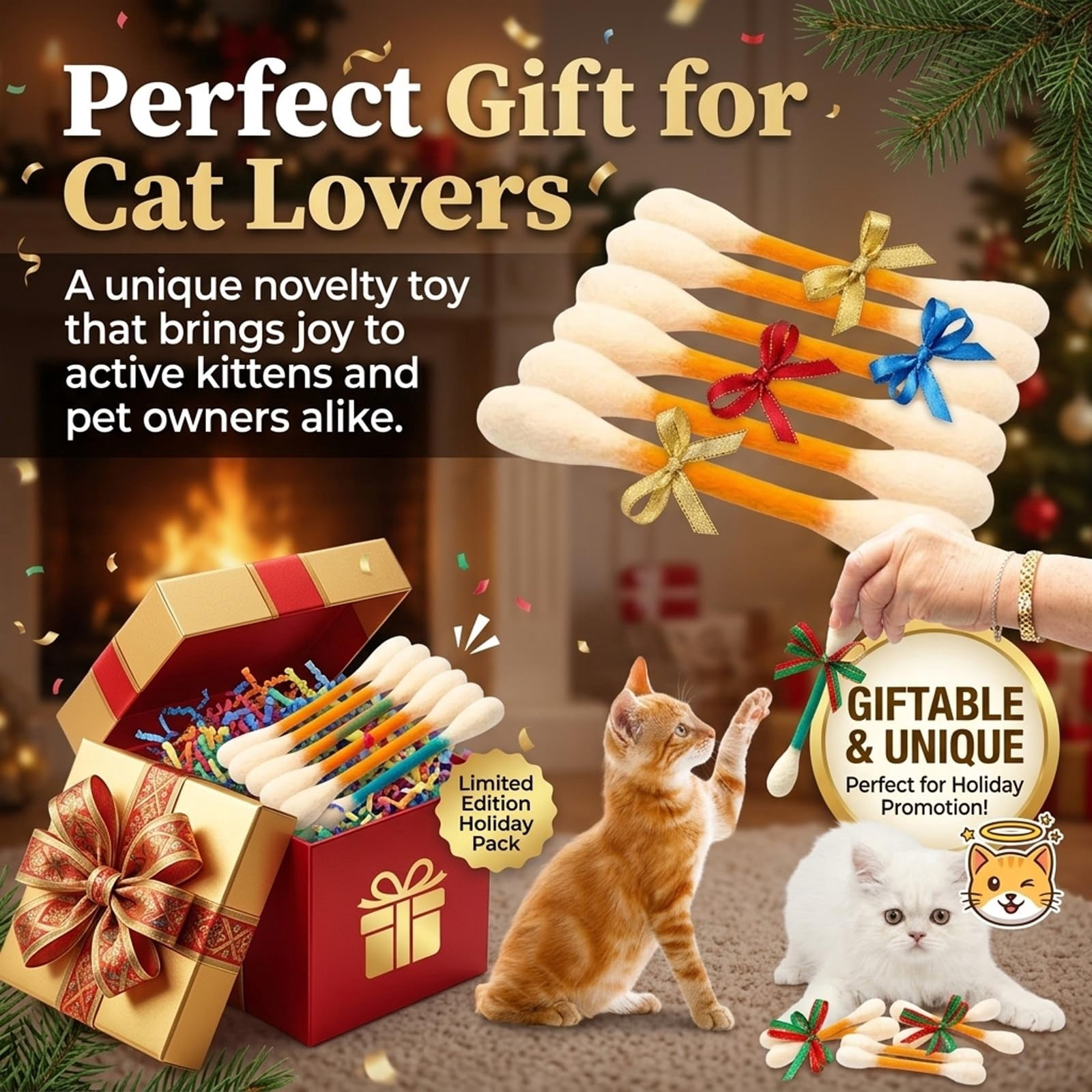 Cotton Swabs Cat Toys with Catnip, 6 Pk Giant Kitten Chew Sticks for Indoor Boredom – Durable Dental Teething Ropes, Big Interactive Felt Kitty Kicker Toy(Primary color1PCS)