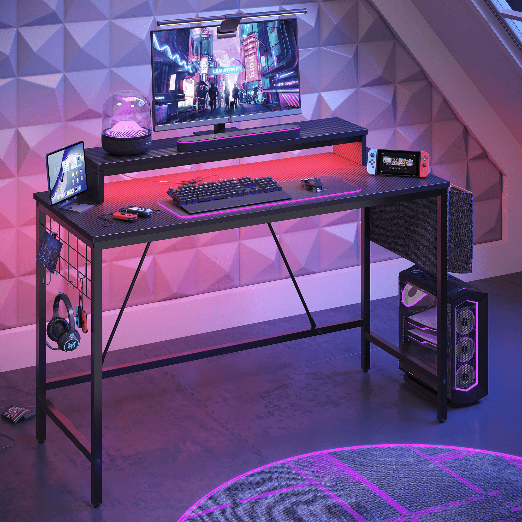 Bestier 41.7 inch Gaming Desk with LED Monitor Stand, Storage Pocket, Grid Side Frame, for Gaming Room and Home Office, Carbon Fiber Black