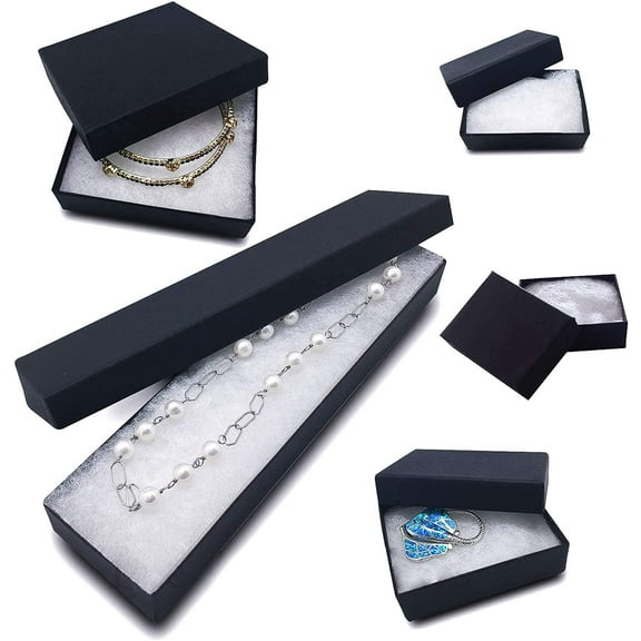 TheDisplayGuys 25-Pack #32 Cotton Filled Cardboard Paper Jewelry Box Gift Case - Matte Black (Mix of 5 Sizes, 5pc Each)