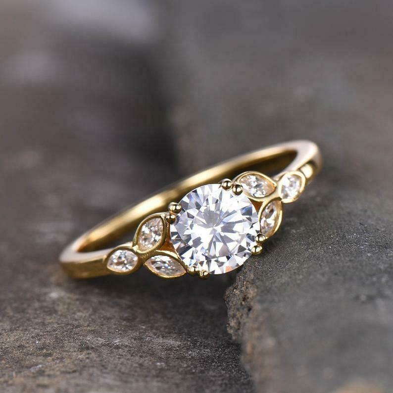HeartsAndYou 1.5ct Round Cut Moissanite Engagement Ring for Women Leaf Marquise Accent 18k Yellow Gold Over Silver