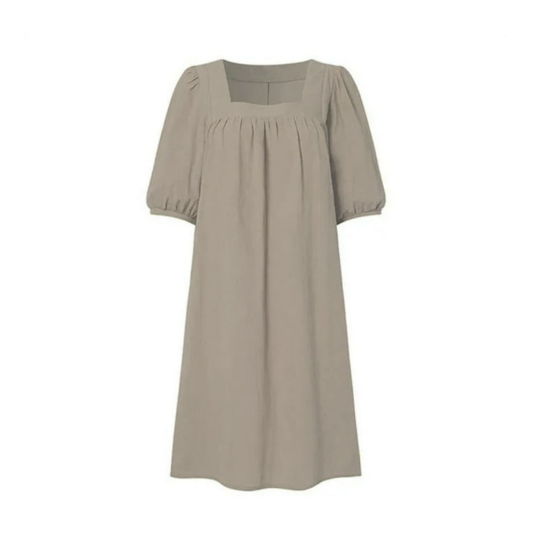 Ygbgbb Womens Summer Dresses Puff Sleeve Dresses Cotton Linen Folded Loose  Vacation Dresses Solid Color Square Neck Midi Dress Khaki XL - Walmart.com