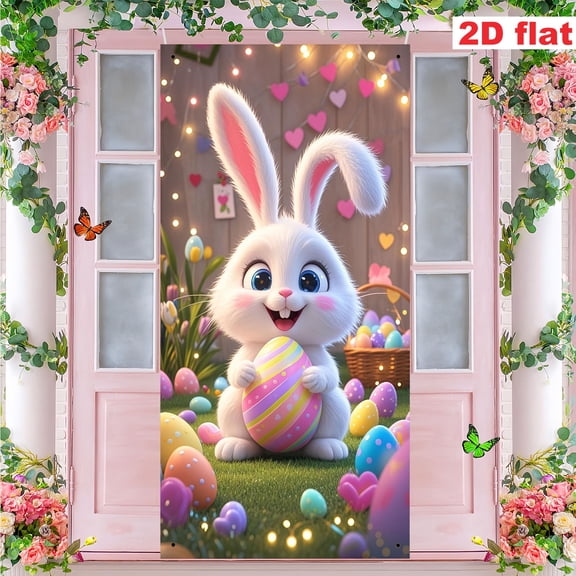 Wooowa Happy Easter Door Cover, Easter Eggs Bunny Door Banner Backdrop for Spring Home Party Indoor Outdoor Decor Supplies, 70.9 x 35.4 Inch