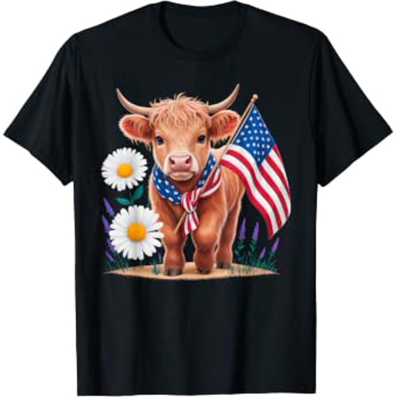 4th Of July Highland Cow Florals USA Flag Holiday Cute T-Shirt, Size S-5XL