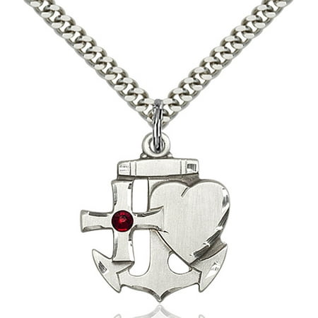 Sterling Silver Faith Hope & Charity Pendant with 3mm January Red Swarovski Crystal 7/8 x 3/4 inches with Heavy Curb