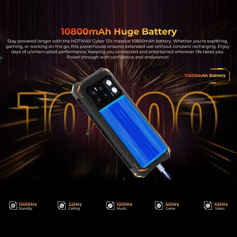HOTWAV Cyber 13 Outdoor Mobile Phone, 16GB 128GB/1TB TF Rugged Smartphone, Android 14, 10800mAh Battery,Black