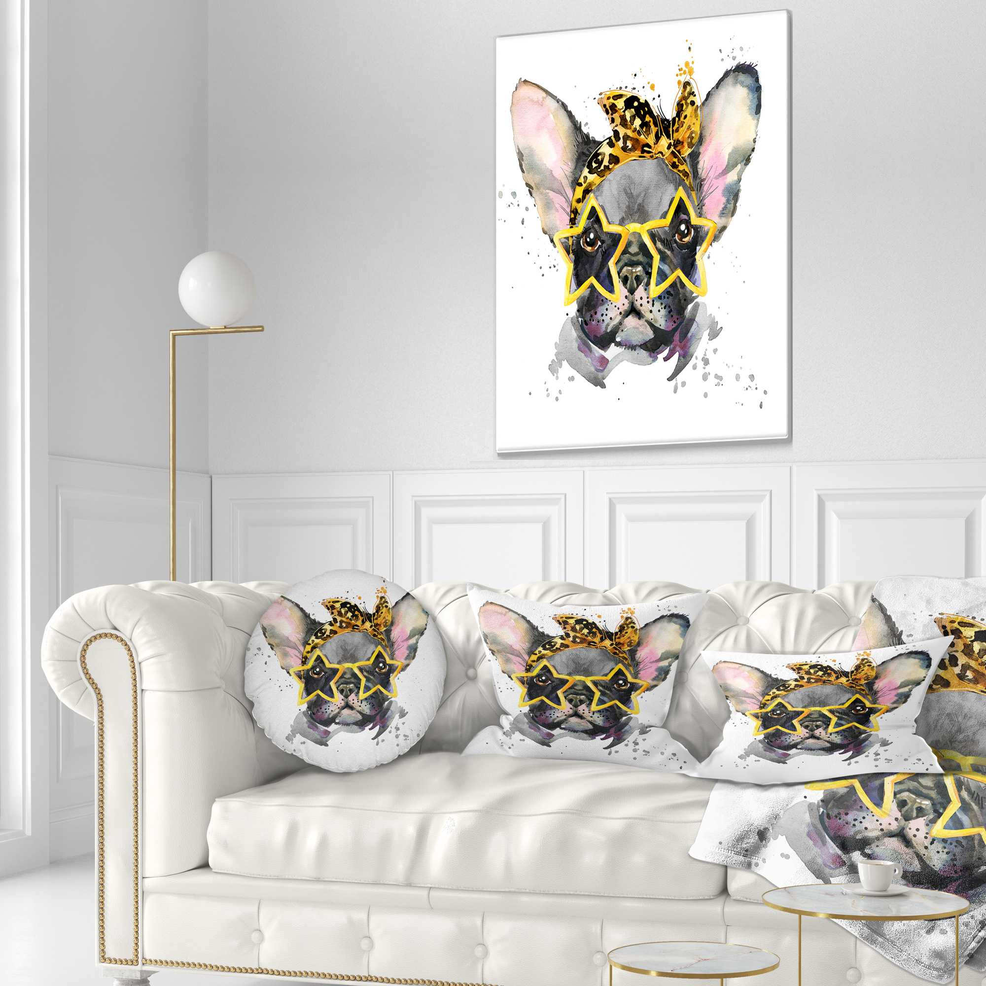 Designart French Bulldog with Star Glasses - Animal Throw Pillow - 12x20