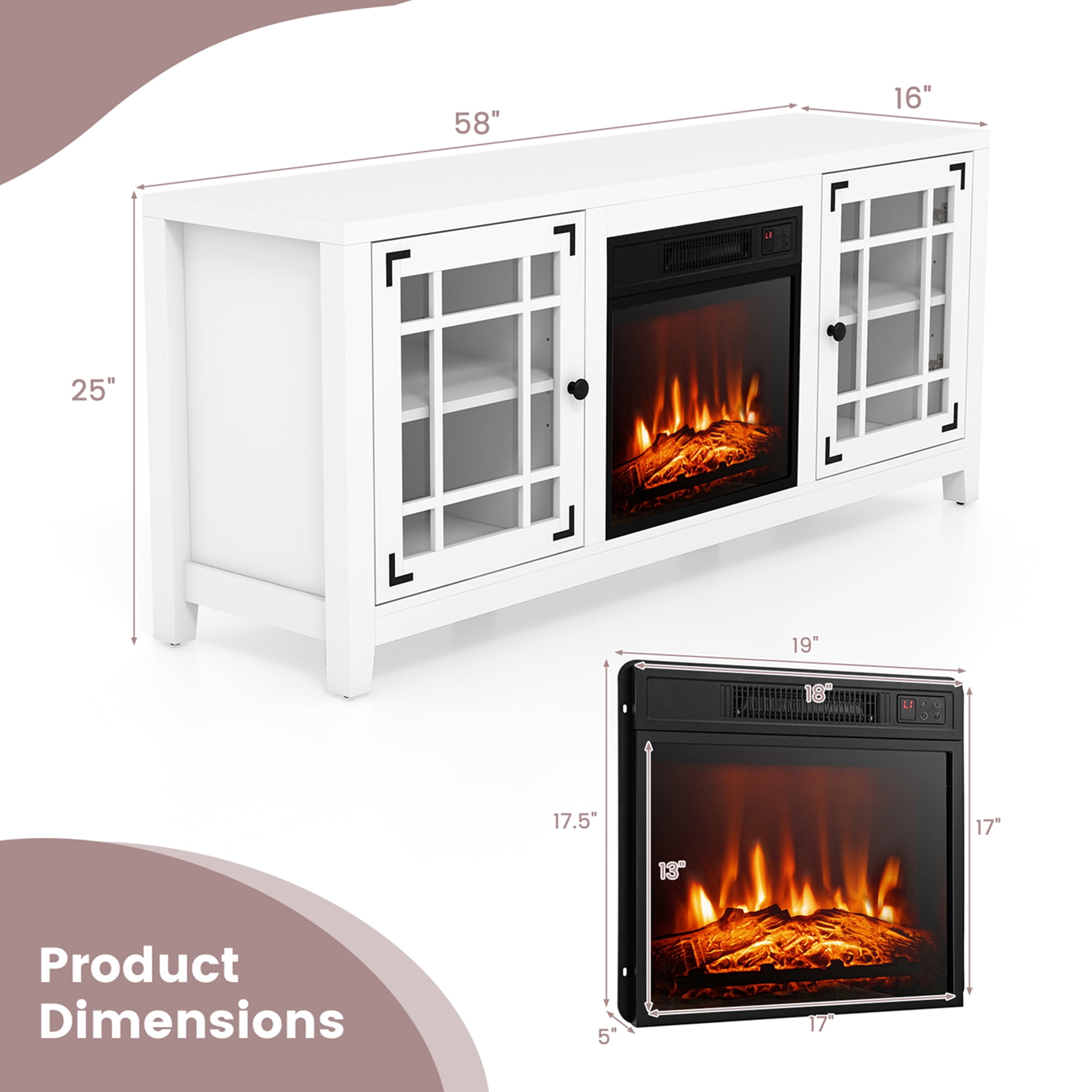 Costway 58 Inches Fireplace TV Stand for TVs up to 65 Inches with 1400W Electric Fireplace White
