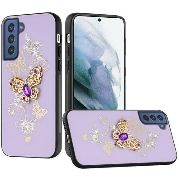 For Samsung Galaxy S22 Ultra Fashion 3D Diamond Bling Sparkly Glitter Ornaments Engraving Hybrid Metal Design Cover ,Xpm Phone Case [Purple Garden Butterflies]