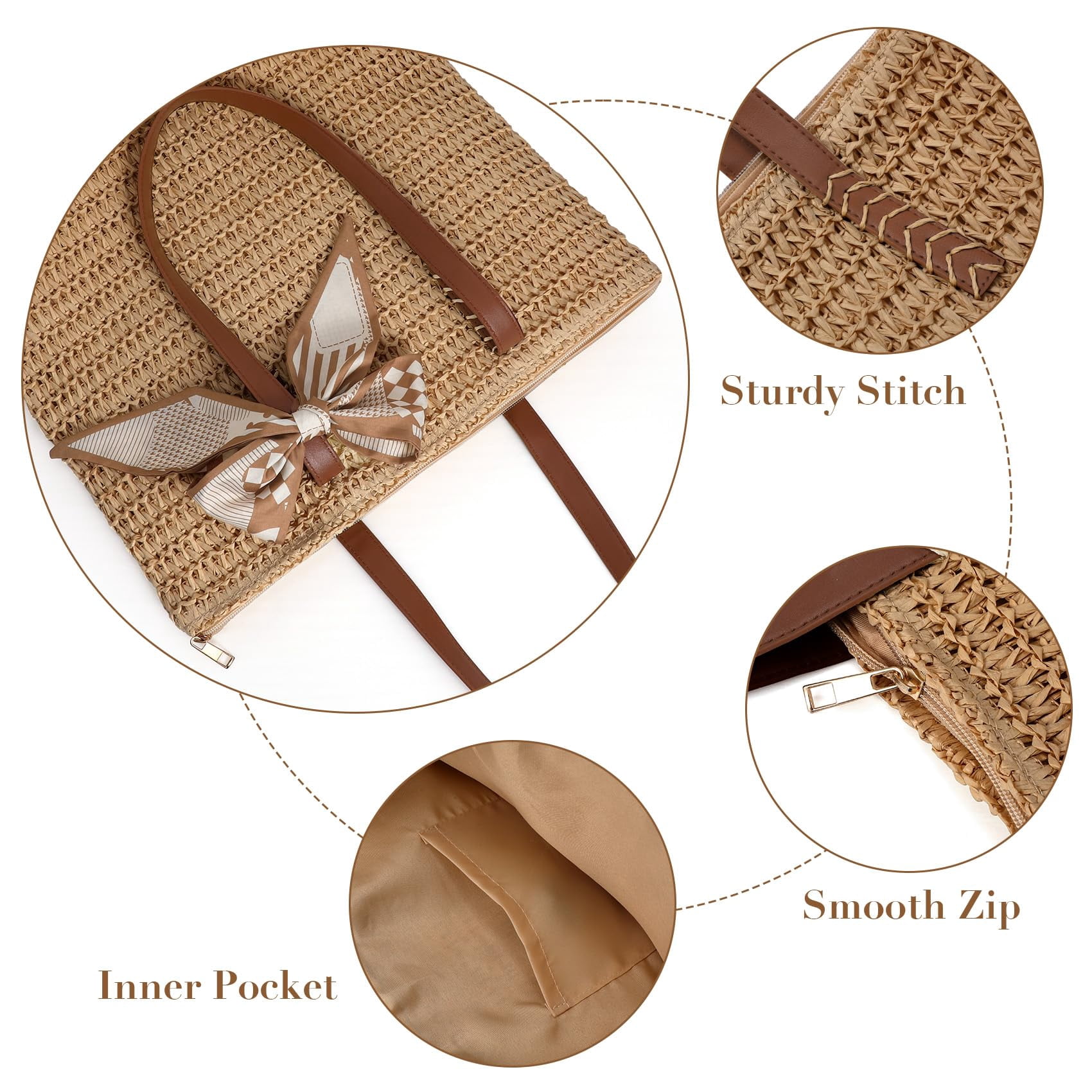 Summer Beach Crochet Bags for Women Knit&Straw Woven Tote Soft Fabric Boho Shoulder Bag for Vacation Shopping