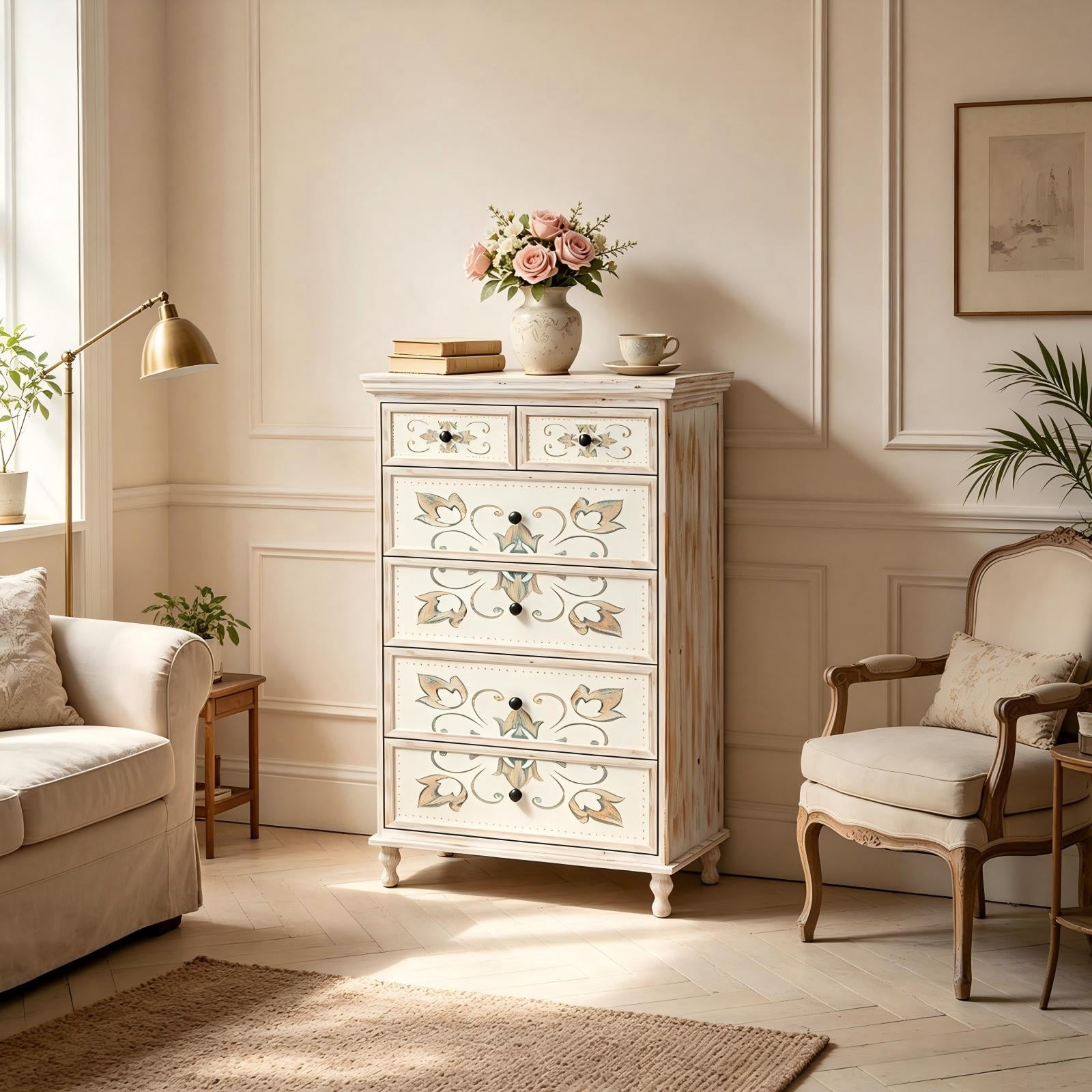 6-Drawer Carved Dresser, MDF and Solid Wood Leg, Tall Narrow Chest for Bedroom, White
