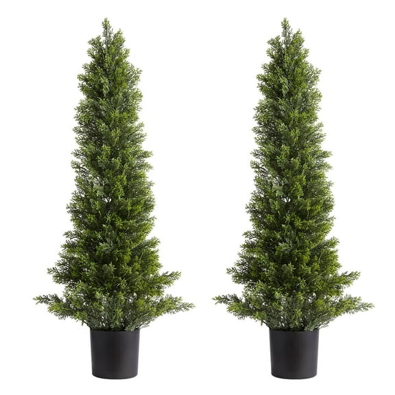 Faux Cedar Topiary Trees (2-Pack) 36 Inches - Real-Looking Silk Pine Shrubs, Easy Assemble for Garden, Backyard, Front Porch Decor