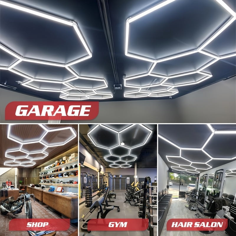 Hexagon LED Garage Lights - 222W, 22200LM, 8 Grids, 6500K Super Bright, Honeycomb Design, Ceiling Mount for Garage, Barber, Warehouse, Car Detailing Shop, Exhibition Hall, Gym