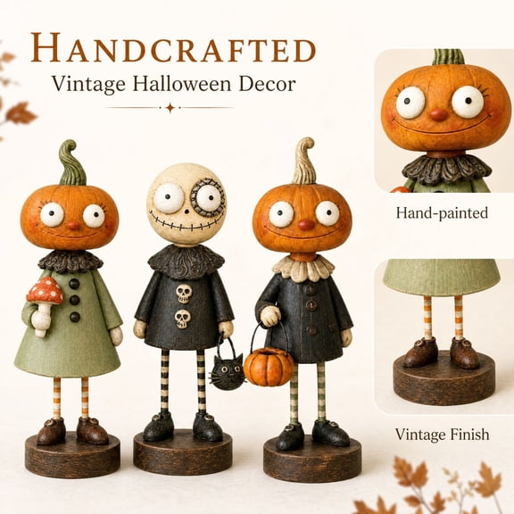 Vintage Halloween Pumpkin Friends Figurines 3.94in, Hand-Painted Resin Tabletop Decor, Cute Spooky Fall Shelf Ornament (3 Styles, Sold Individually)