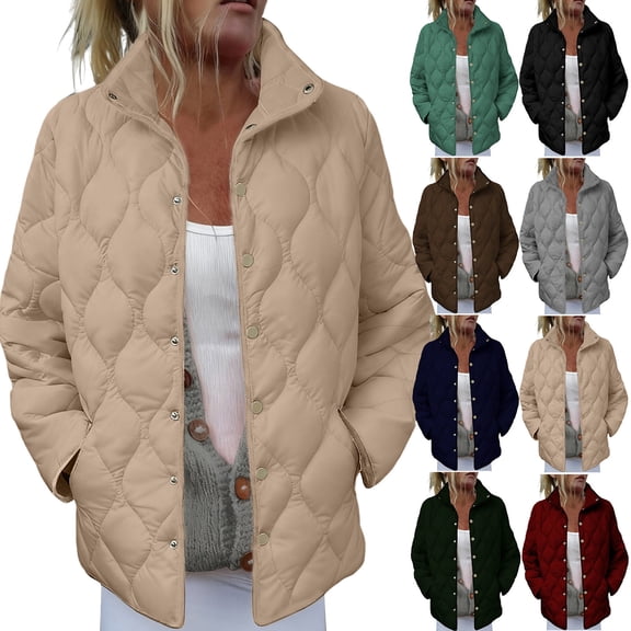 Women's Quilted Jackets Causal Long Sleeve Lightweight Puffer Jacket Oversized Button Down Padded Coat Winter Warm Outerwear with Pockets