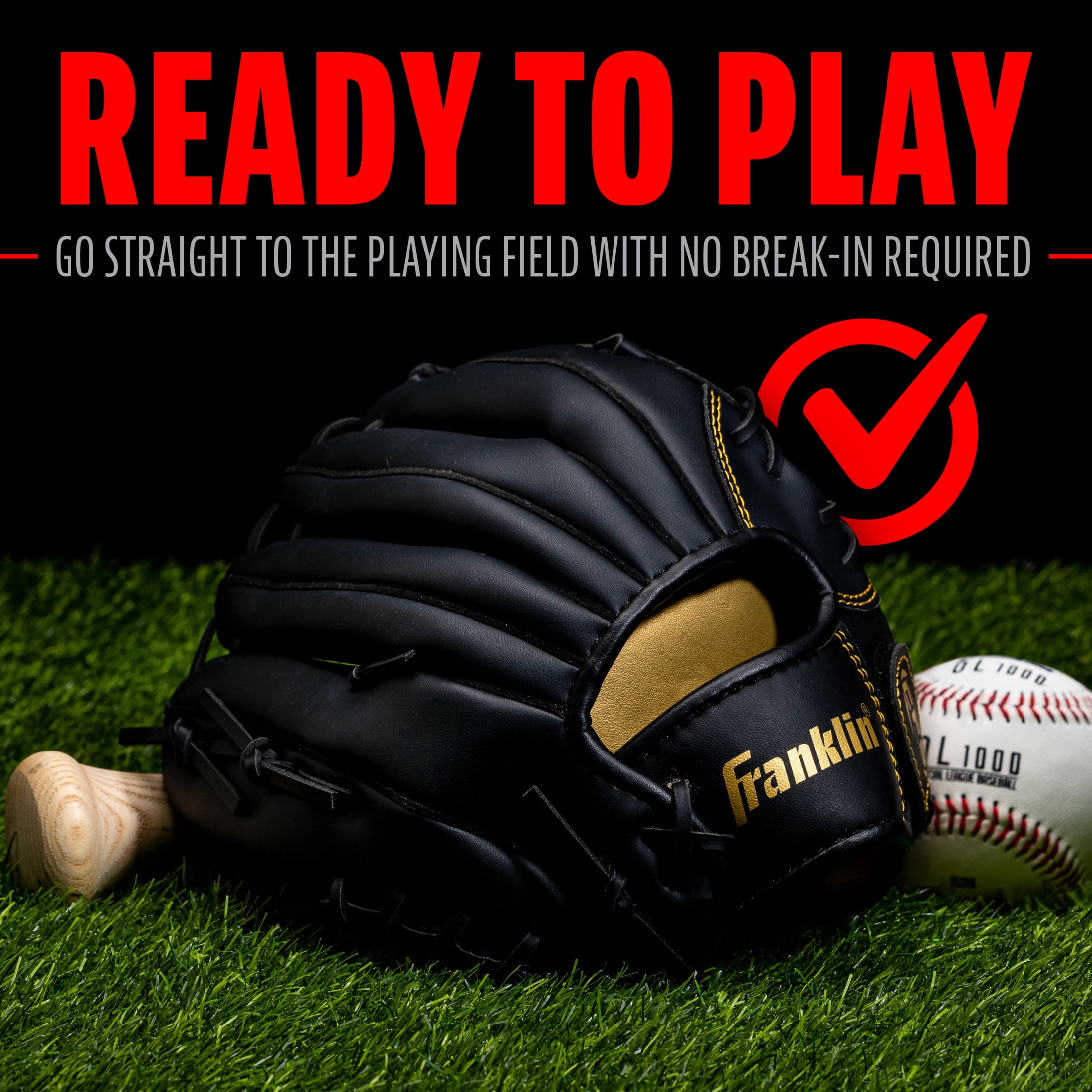 Franklin Sports Field Master Baseball + Softball Glove, 11 in, Black/Gold, Right Hand Throw