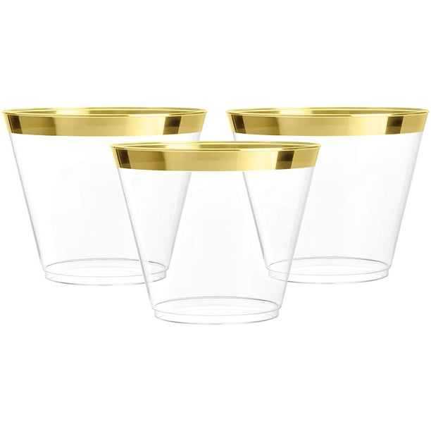 Prestee 100 Gold Plastic Cups 9 oz Hard Disposable Cups Plastic