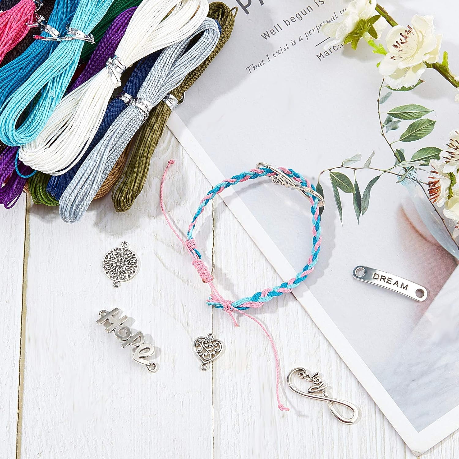Waxed Polyester Cord Kit 328 Yards 30 Colors 1mm Waxed Polyester Twine Cord and 30 Pcs Tibetan Style Alloy Links Connectors Macrame Bracelet Thread Waxed String for DIY Jewelry Making Mixed Color