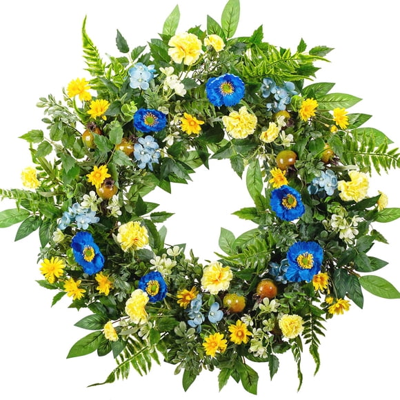 Corona WANNA-CUL de 61 cm con flores azules y amarillas para primavera y verano