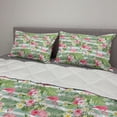 thumbnail image 2 of Flamingo Comforter & Sham Bedding Set, Flamingos with Exotic Hawaiian Leaves Flowers on Striped Vintage Background, 3 pcs Duvet Set Microfiber Filling Quilt, 5 Sizes, Green Pink White, by Ambesonne, 2 of 4