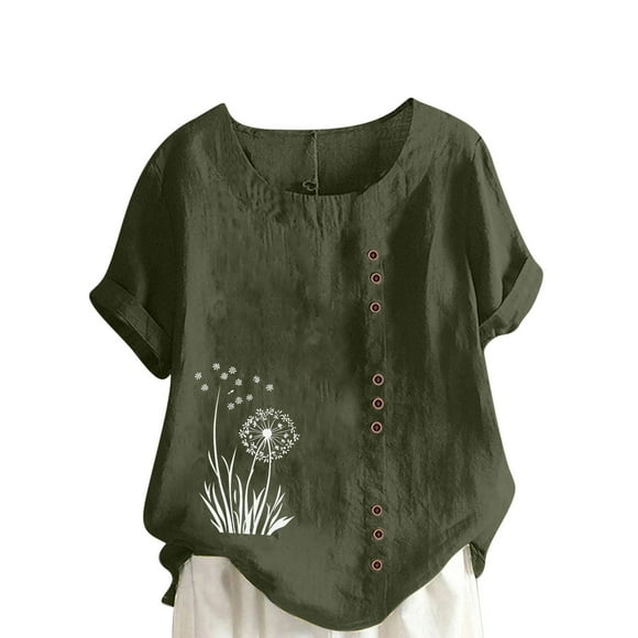 LMKIHUSA Summer Linen Tops Bohemian Floral Print Soft Blouses Crew Neck Button Up Tops Short Sleeve Casual Fashion 2025 Tees Army Green,XXXXL
