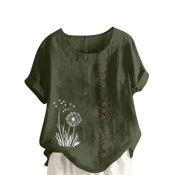 Vestidos Casuales Para Mujer, Blusas De Mujer De Moda Blusa informal de lino con botones y manga corta estampada para mujer