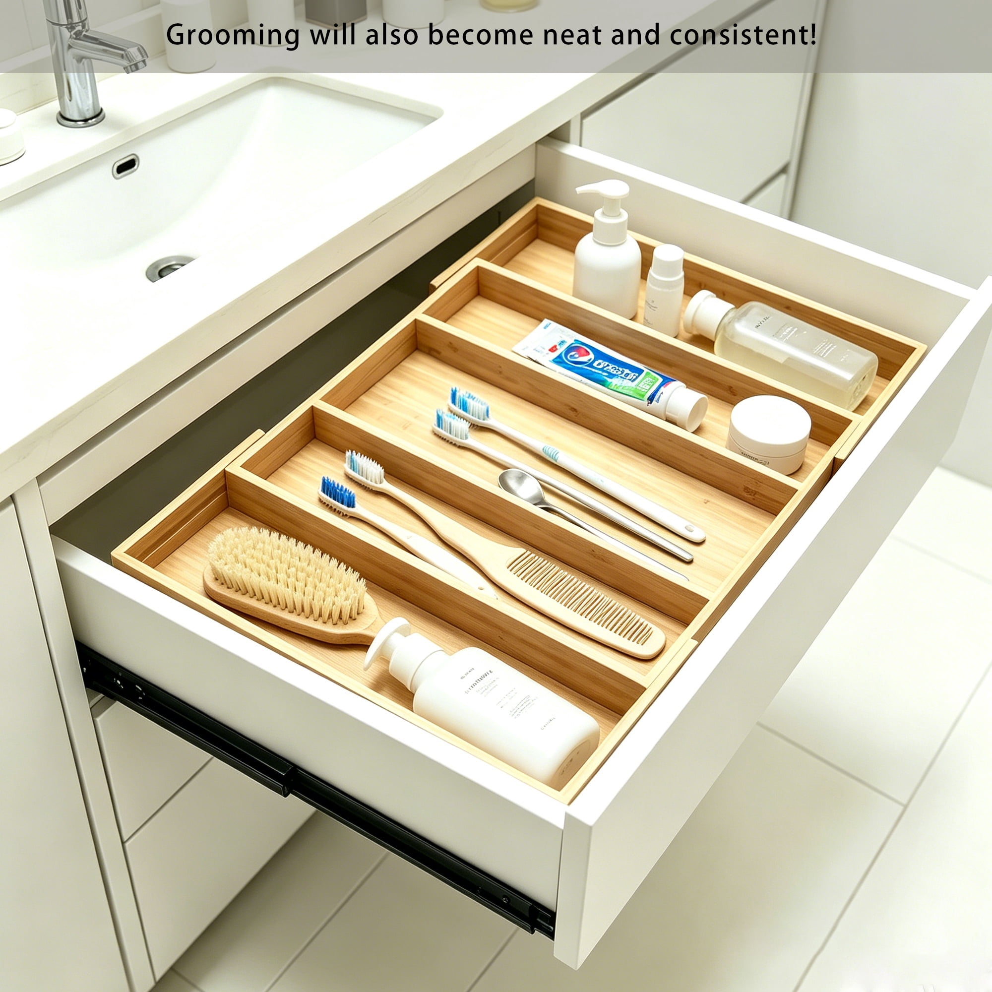 Bamboo Expandable Kitchen Drawer Organizer, Adjustable Utensil Holder and Cutlery Tray Organiser, Drawer Divider for Silverware, Flatware, Knives in Kitchen, Bedroom, Living Room, 5 Slot