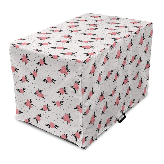 Floral Dog Crate Cover, Rose Bouquets with Leaves on a Background of Dots, Easy to Use Pet Kennel Cover Small Dogs Puppies Kittens, 7 Sizes, Coral Pale Pink, by Ambesonne