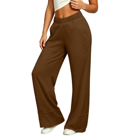 Women's Solid Color Casual Pants, Elastic Waist Fashion Trousers With Pockets, Versatile Everyday Basics For Wardrobe Staple Brown M
