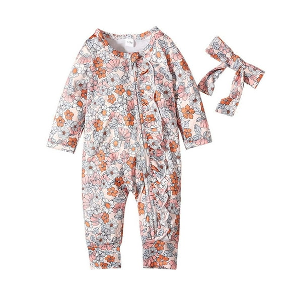 TFEOQRY Infant Boys Girls Cotton Romper Set Comfort Bodysuit Cute Printed Zipper Romper with Hairband Set Orange