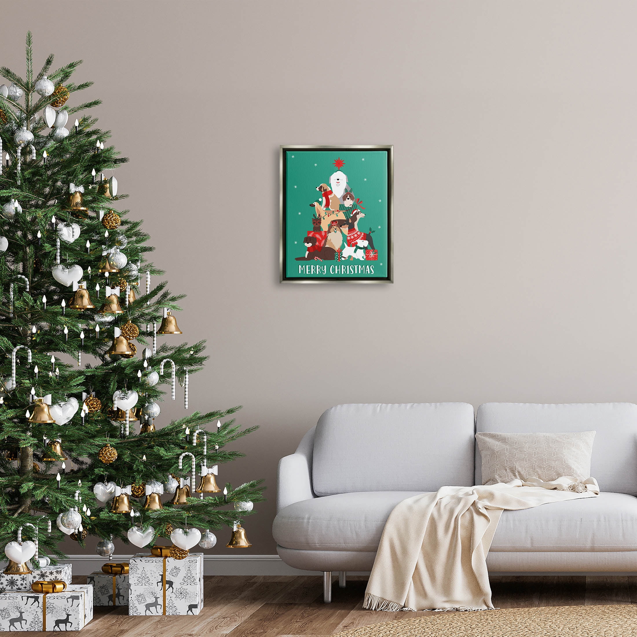 Merry Christmas Happy Dog Gifts Holiday Graphic Art Luster Gray Framed Art Print Wall Art