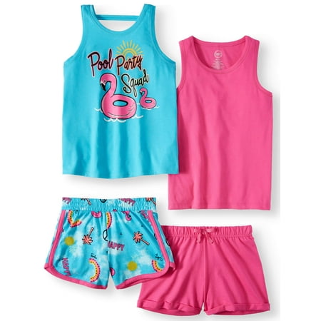 Wonder Nation Graphic and Solid Summer Tank Tops and Shorts, 4-Piece Mix & Match Outfit Set (Little Girls & Big