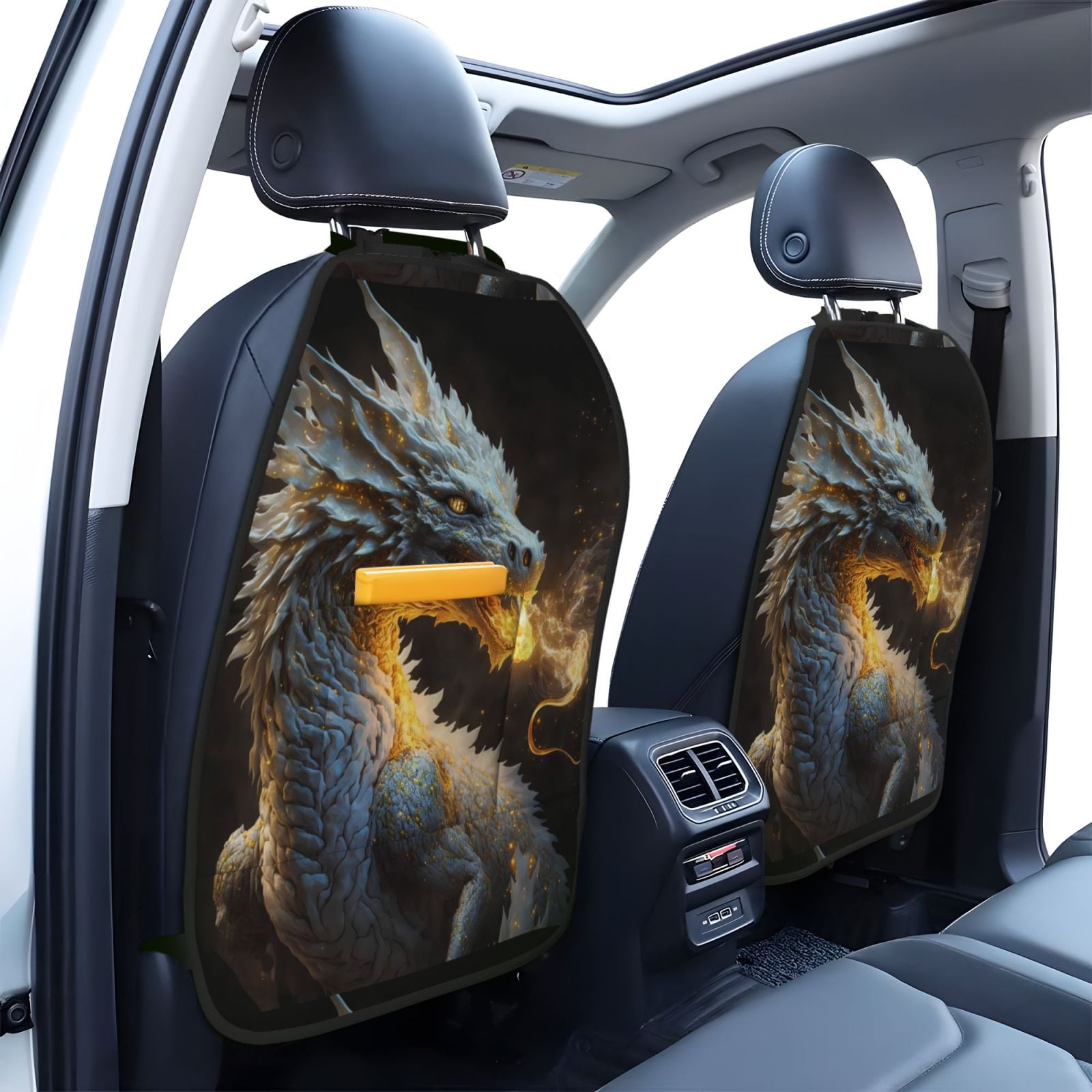 Xecao Golden White Fire Dragon Pattern Car Seat Back Protector 2 Pack Large Capacity Pocket, Kick Mats Back Seat Protector