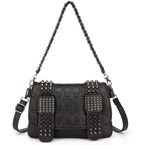 Women Punk Skull Shoulder Top-Handle Bag Goth Rivet Purse Handbag PU Leather Chain Satchel Tote Black
