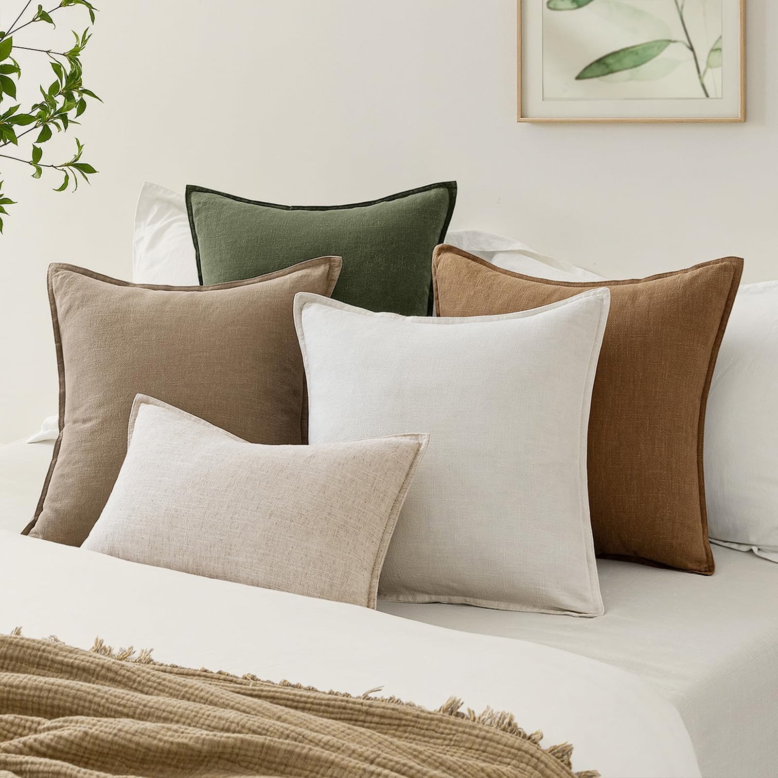 Fancy Homi 2 Packs Olive Green Decorative Linen Soild Throw Pillow Covers 20x20 inch for Living Room Couch Bed sofa, soft Square Farmhouse Vintage Cushion Cases Modern Home Décor, 50x50 cm