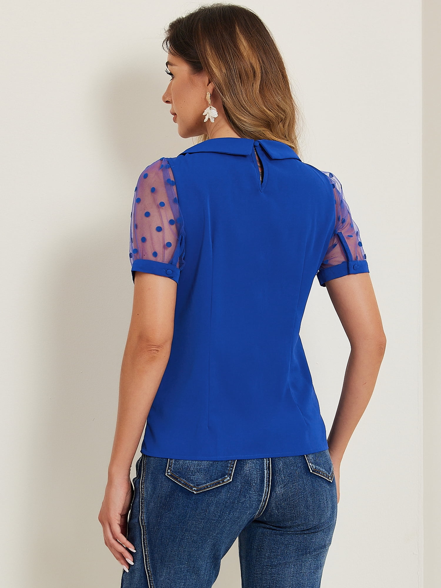 DARING DIVA Women's Polka Dots Mesh Peter Pan Collar Blouse XL Royal Blue