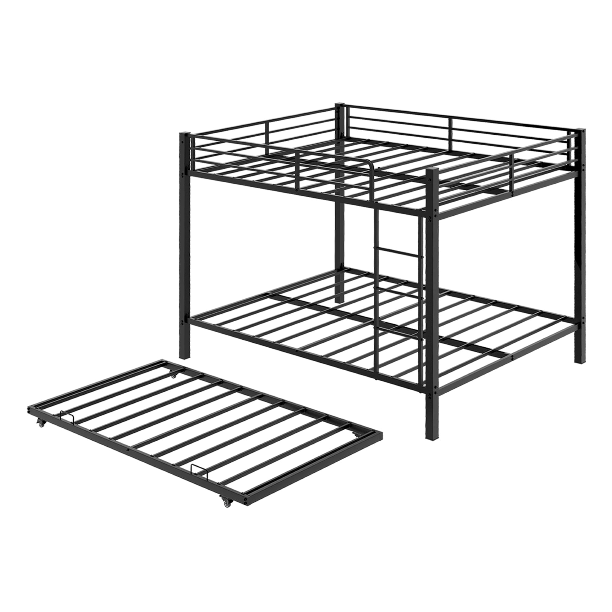 Queen over Queen Bunk Bed with Trundle, Heavy-Duty Metal Bunk Bedframe with Ladder and Full-Length Guardrails for Kids Teens Adults, No Box Spring Needed